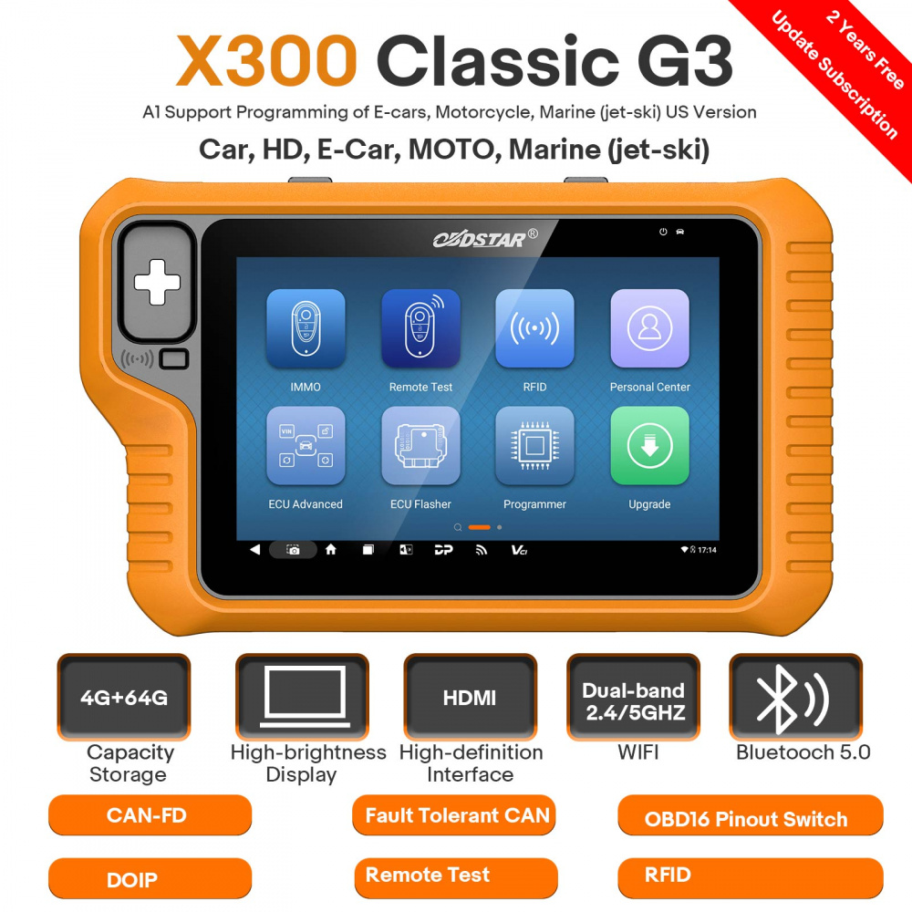 OBDSTAR X300 Classic G3 Key Programmer with Built-in CAN FD DoIP Supports Car, E-Car, HD, Motorcycle, Marine IMMO